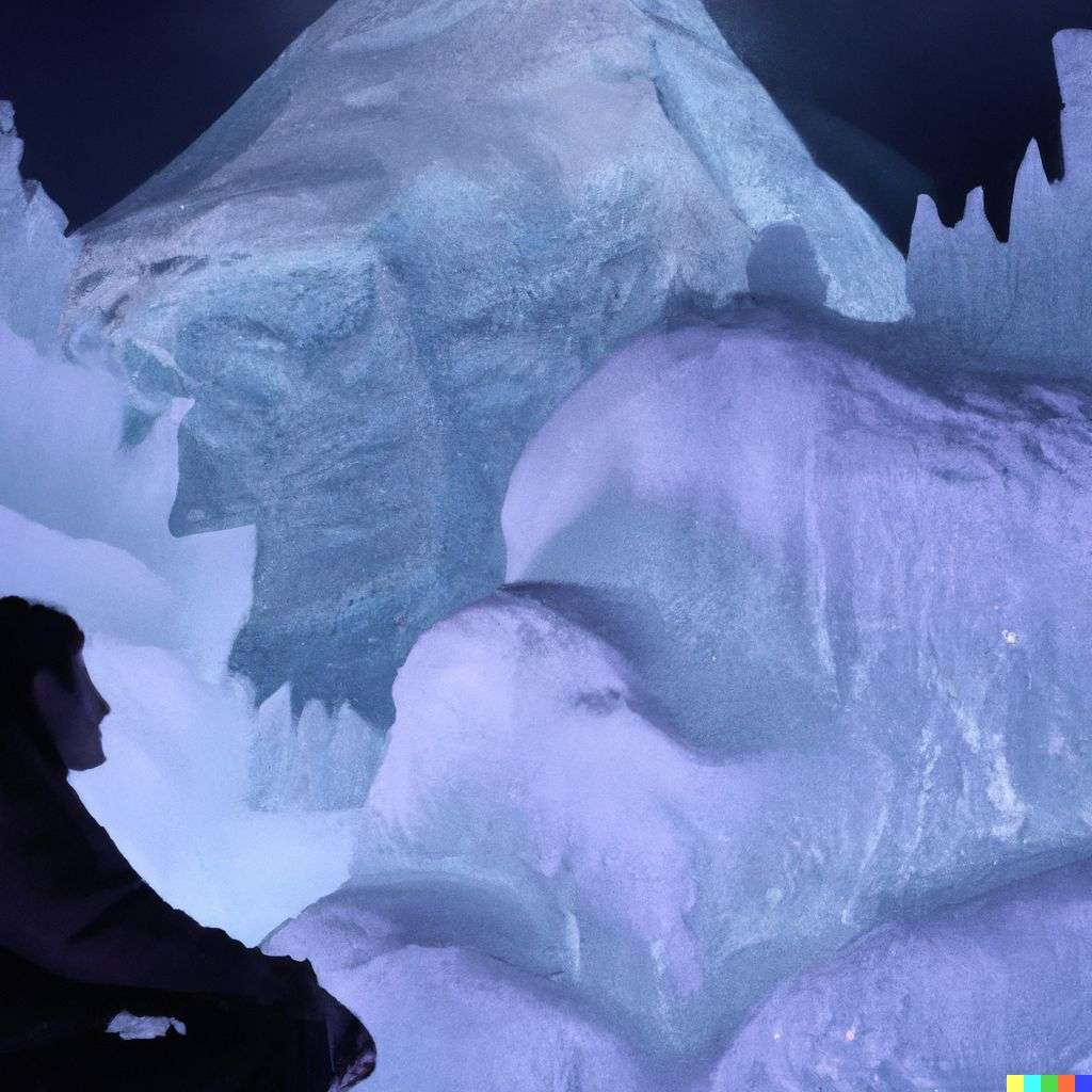 someone gazing at Mount Everest, ice sculpture